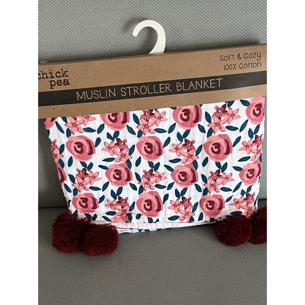 Chick Pea Muslin Stroller Baby Blanket Pink Flower Pom Pom Cotton Plum ? Color